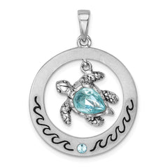 Sterling Silver Rhodium-plated Antiqued Round Moveable Crystal Turtle Pendant PLP-727