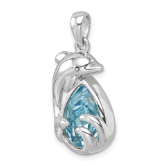 Sterling Silver Rhodium-plated Polished Crystal Dolphin Pendant PLP-763