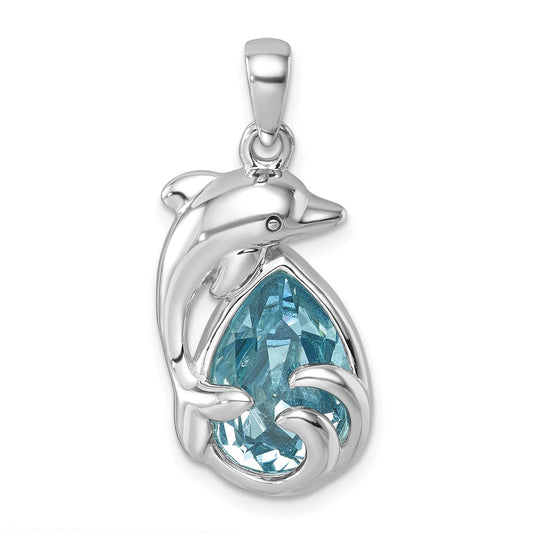 Sterling Silver Rhodium-plated Polished Crystal Dolphin Pendant PLP-763