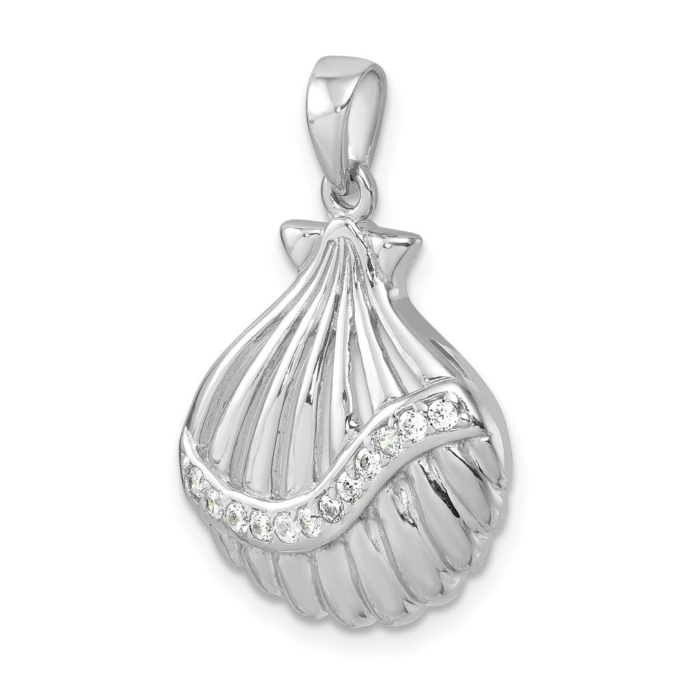 Sterling Silver Rhodium-plated Polished CZ Scallop Shell Pendant PLP-770