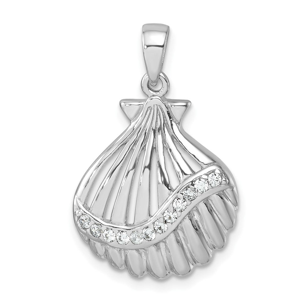 Sterling Silver Rhodium-plated Polished CZ Scallop Shell Pendant PLP-770