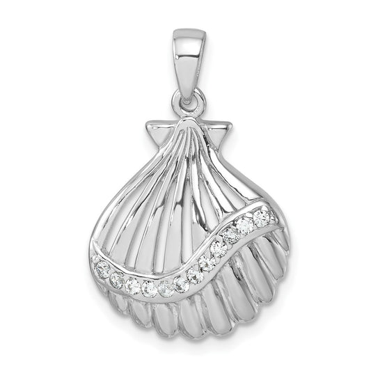 Sterling Silver Rhodium-plated Polished CZ Scallop Shell Pendant PLP-770