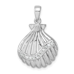 Sterling Silver Rhodium-plated Polished CZ Scallop Shell Pendant PLP-770