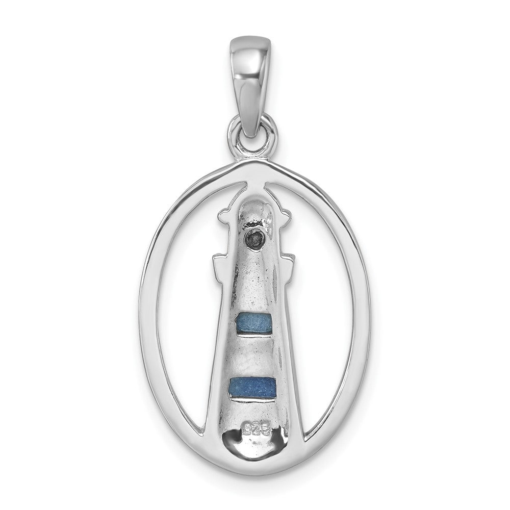 Sterling Silver Rhodium-Plated Polished Oval Adventurine and CZ Lighthouse Pendant PLP-789