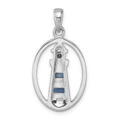 Sterling Silver Rhodium-Plated Polished Oval Adventurine and CZ Lighthouse Pendant PLP-789