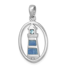 Sterling Silver Rhodium-Plated Polished Oval Adventurine and CZ Lighthouse Pendant PLP-789