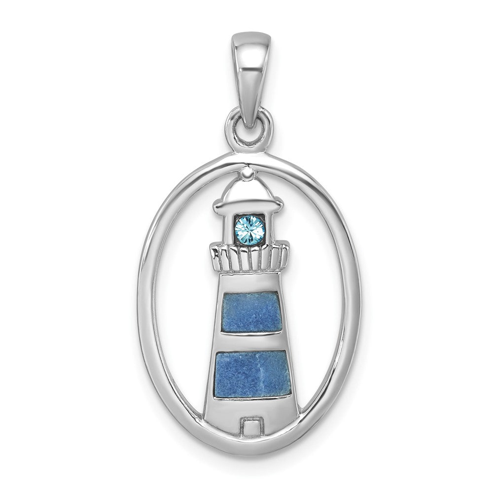 Sterling Silver Rhodium-Plated Polished Oval Adventurine and CZ Lighthouse Pendant PLP-789