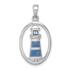 Sterling Silver Rhodium-Plated Polished Oval Adventurine and CZ Lighthouse Pendant PLP-789