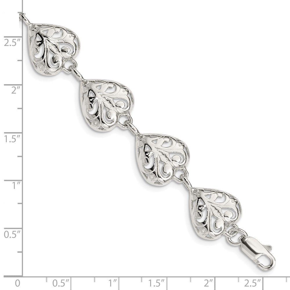 Sterling Silver Fancy Filigree Heart 7 inch Bracelet QA47-7