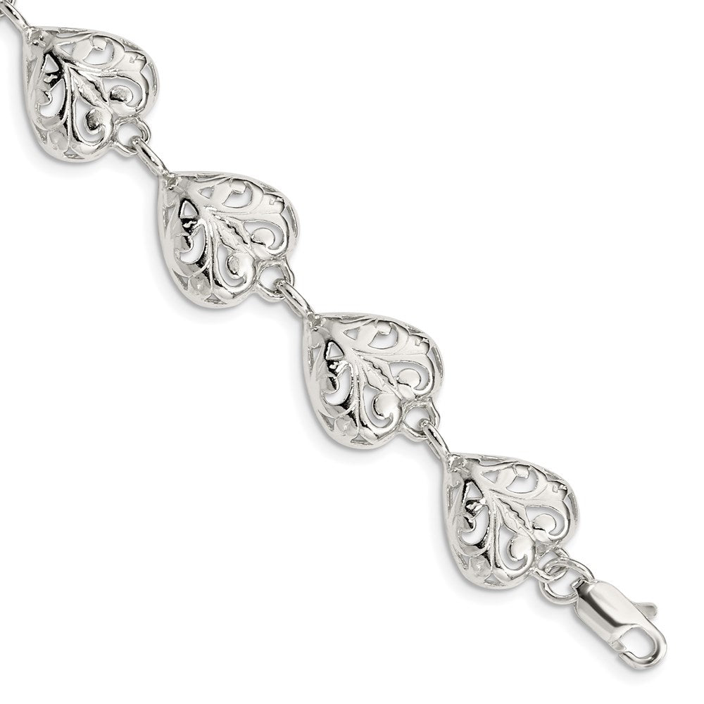 Sterling Silver Fancy Filigree Heart 7 inch Bracelet QA47-7