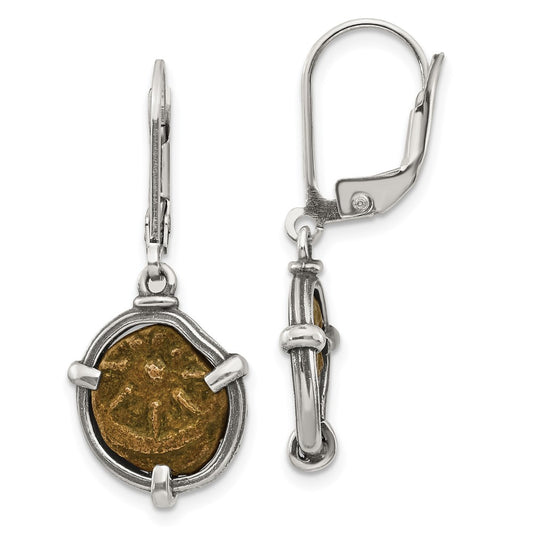 QAC116 Ancient Coins Sterling Silver and Bronze Antiqued Widow's Mite Coin Leverback Dangle Earrings with a Certificate of Authenticity