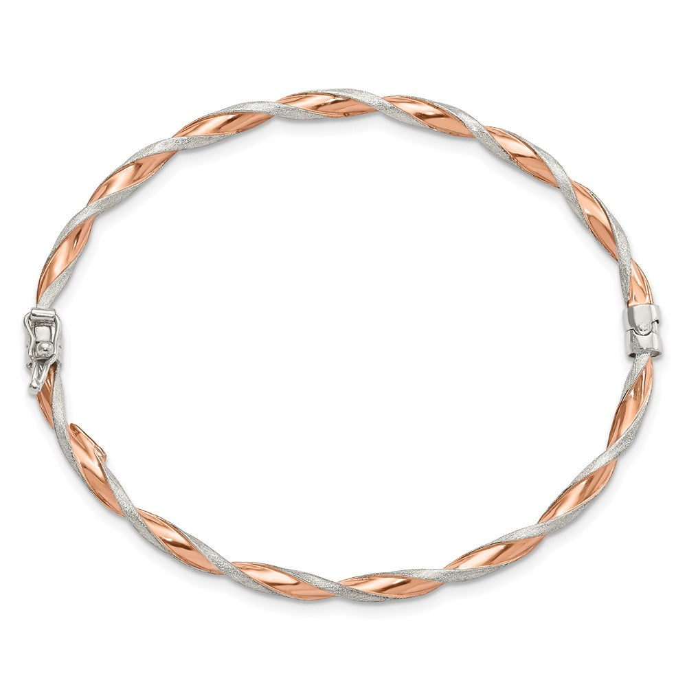 Sterling Silver Rose-tone Satin/Polish Twisted 3mm Hinged Bangle QB1099