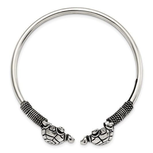 Sterling Silver Polished Antiqued Turtle Flexible Bangle QB1157