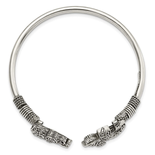Sterling Silver Polished Antiqued Filigree Elephants Flexible Bangle QB1159