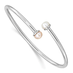Sterling Silver Rhodium-plated 5-5.5mm Pink and White Button Freshwater Cultured Pearl Flexible Children's Bangle QB1203