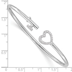 Sterling Silver Rhodium-plated CZ Heart and Key Flexible Bangle QB1219