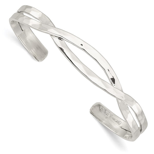 Sterling Silver Polished Hammered Criss Cross Cuff Bangle QB1369