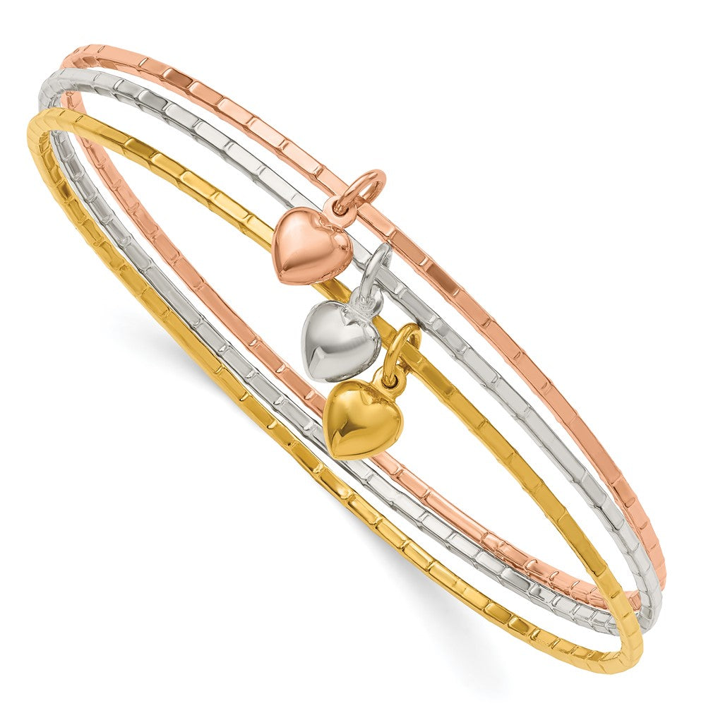 Sterling Silver/Gold-tone/Rose-tone w/Puffed Heart Bangle Set QB1393