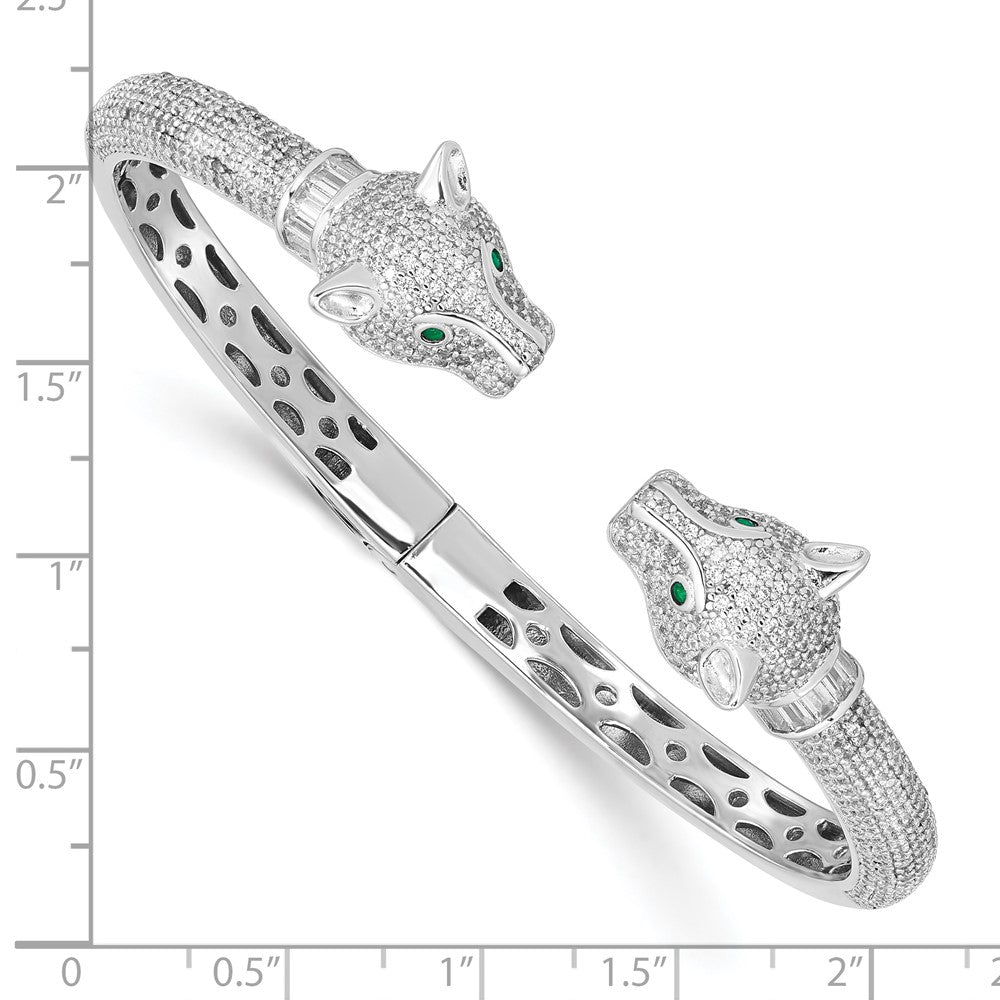 Sterling Silver Rhodium-plated Polished CZ Lioness Hinged Cuff Bangle QB1445