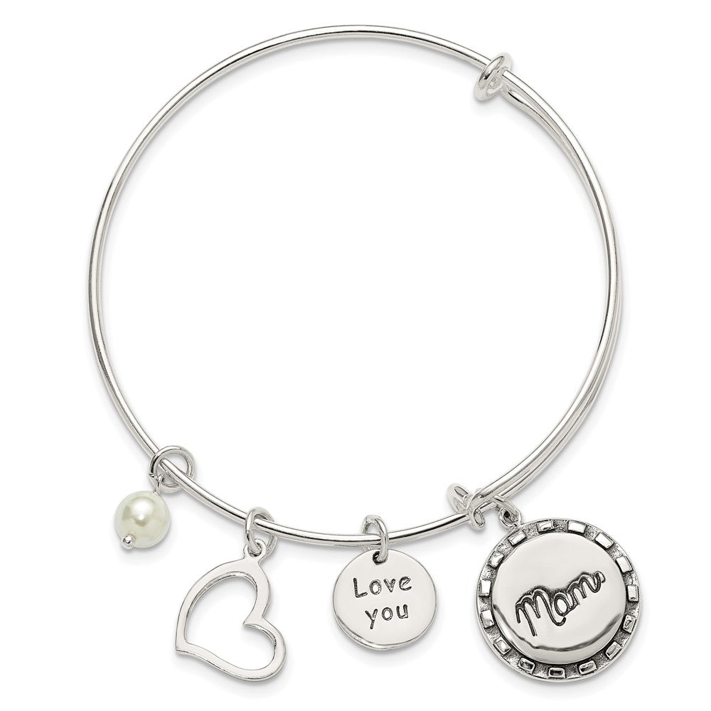 Sterling Silver Antiqued Syn. Pearl Love You Mom Charm Adjustable Bangle QB1505