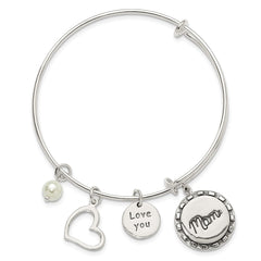 Sterling Silver Antiqued Syn. Pearl Love You Mom Charm Adjustable Bangle QB1505