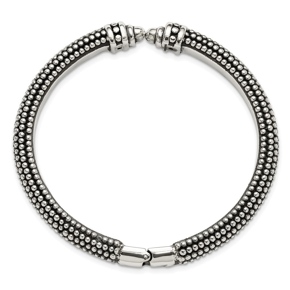 Sterling Silver Polished and Antiqued Beaded Hinged Bangle Bracelet QB1507