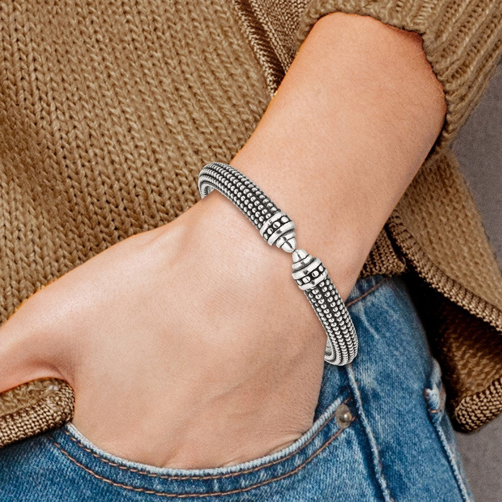 Sterling Silver Polished and Antiqued Beaded Hinged Bangle Bracelet QB1507