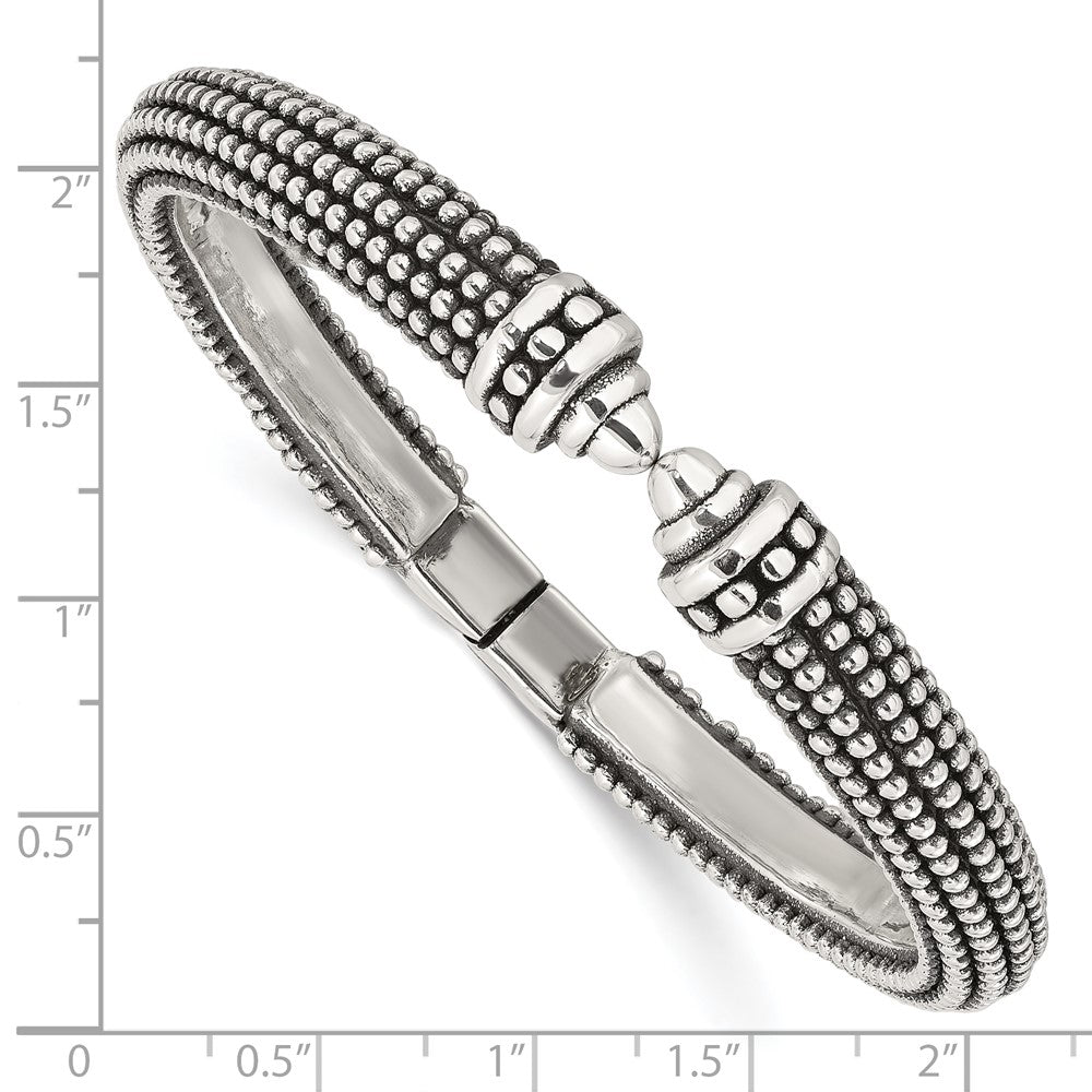 Sterling Silver Polished and Antiqued Beaded Hinged Bangle Bracelet QB1507