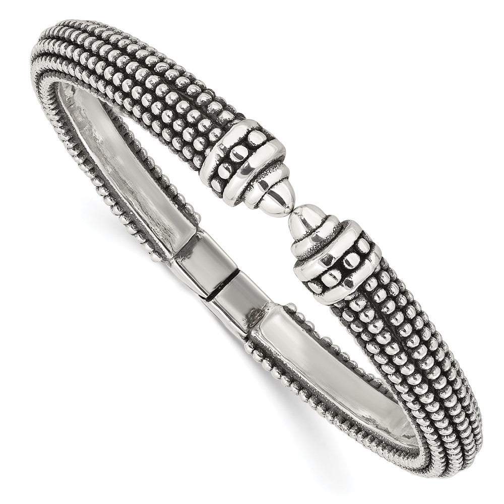 Sterling Silver Polished and Antiqued Beaded Hinged Bangle Bracelet QB1507