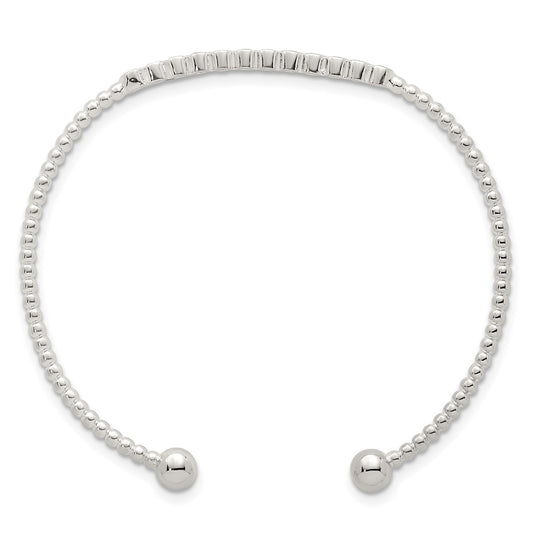 Sterling Silver Polished and Beaded Bezel Set CZ Bar Cuff Bangle QB1587