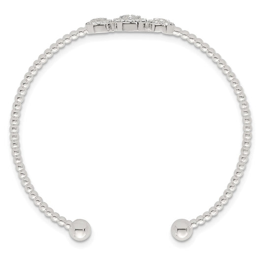 Sterling Silver Polished and Beaded Pave CZ Triple Circle Cuff Bangle QB1591