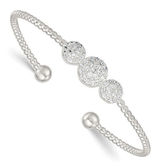 Sterling Silver Polished and Beaded Pave CZ Triple Circle Cuff Bangle QB1591