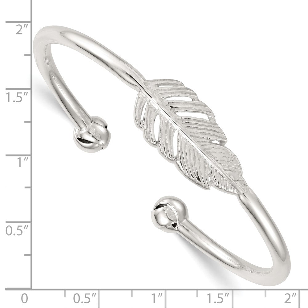 Sterling Silver Polished and Grooved Feather Cuff Bangle QB1596