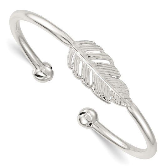 Sterling Silver Polished and Grooved Feather Cuff Bangle QB1596