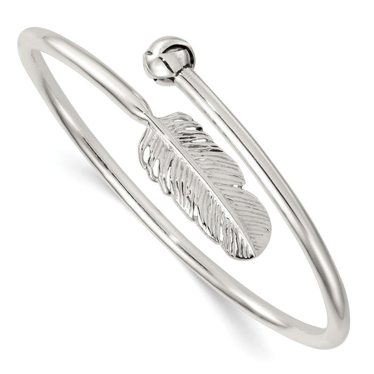 Sterling Silver Polished and Grooved Feather Bypass Cuff Bangle QB1597
