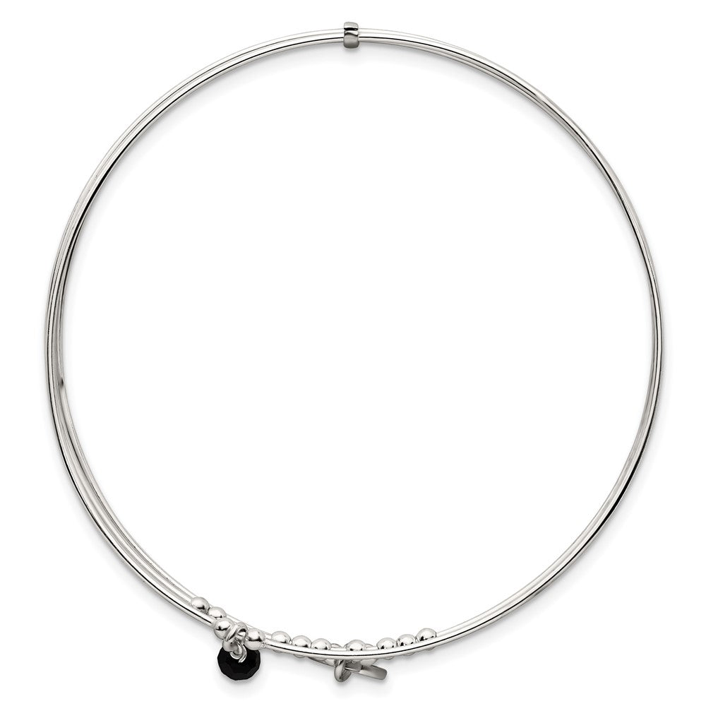 Sterling Silver Polished Beaded Miraculous Medal and Black Glass Bead Triple Band Slip-on Bangle Bracelet QB1604