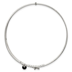 Sterling Silver Polished Beaded Miraculous Medal and Black Glass Bead Triple Band Slip-on Bangle Bracelet QB1604