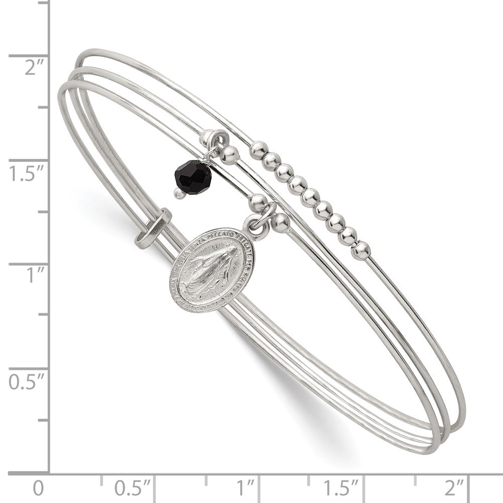 Sterling Silver Polished Beaded Miraculous Medal and Black Glass Bead Triple Band Slip-on Bangle Bracelet QB1604