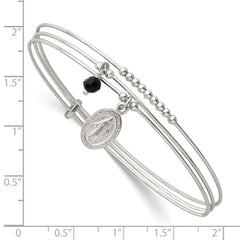 Sterling Silver Polished Beaded Miraculous Medal and Black Glass Bead Triple Band Slip-on Bangle Bracelet QB1604