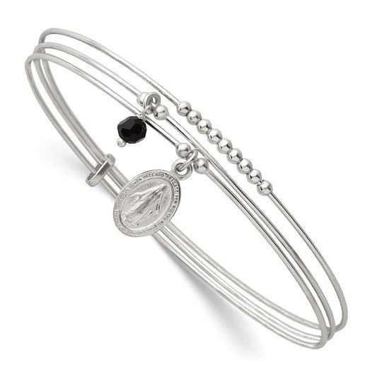 Sterling Silver Polished Beaded Miraculous Medal and Black Glass Bead Triple Band Slip-on Bangle Bracelet QB1604