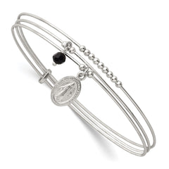 Sterling Silver Polished Beaded Miraculous Medal and Black Glass Bead Triple Band Slip-on Bangle Bracelet QB1604
