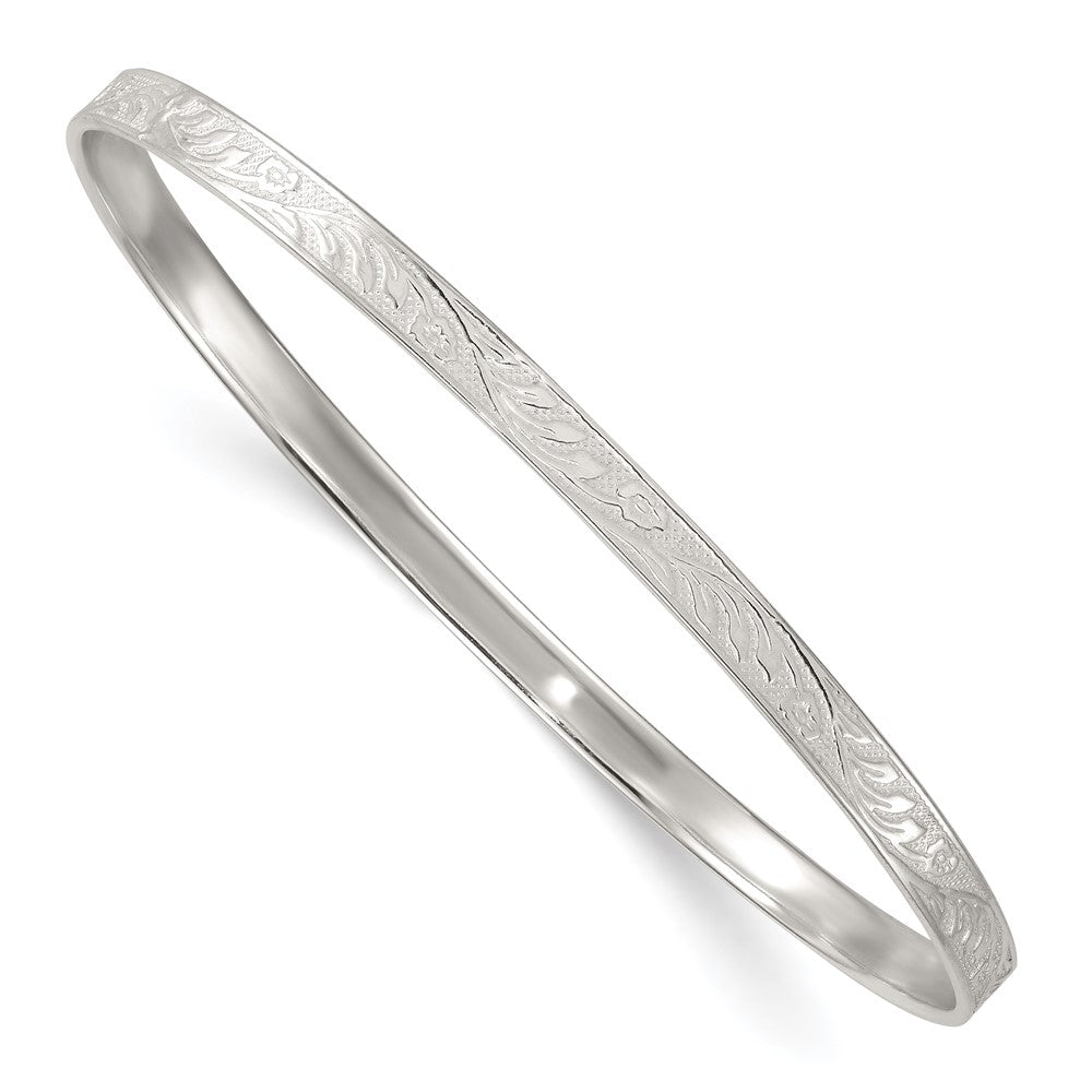 Sterling Silver Polished Textured 4.00mm Floral Pattern Slip-on Bangle Bracelet QB1605