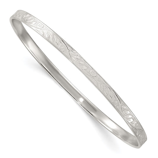 Sterling Silver Polished Textured 4.00mm Floral Pattern Slip-on Bangle Bracelet QB1605