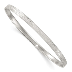 Sterling Silver Polished Textured 4.00mm Floral Pattern Slip-on Bangle Bracelet QB1605