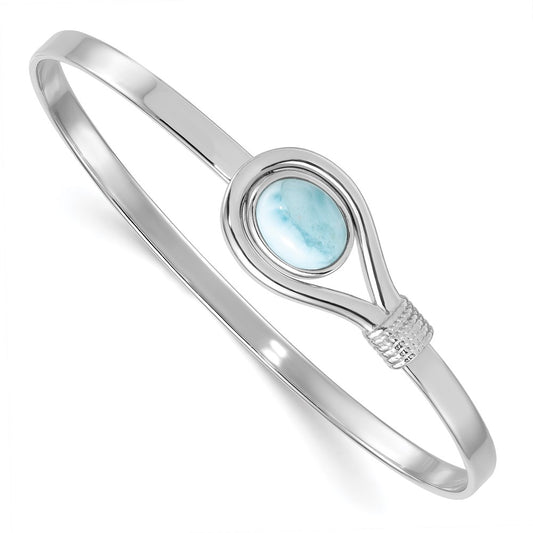 Sterling Silver Rhodium-plated Polished and Textured Larimar Cabochon Flexible Bangle QB1606