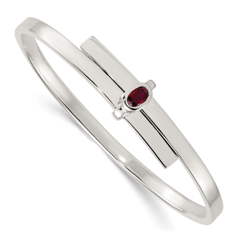 Sterling Silver Polished Oval Red CZ Slip On Expandable Bangle QB1613