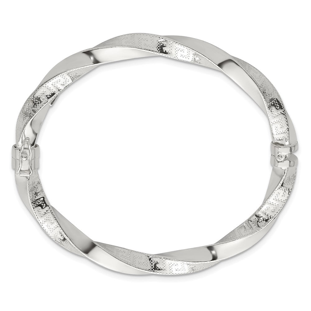 Sterling Silver Polished Textured and Twisted 6.50mm Greek Key Hinged Bangle QB1618