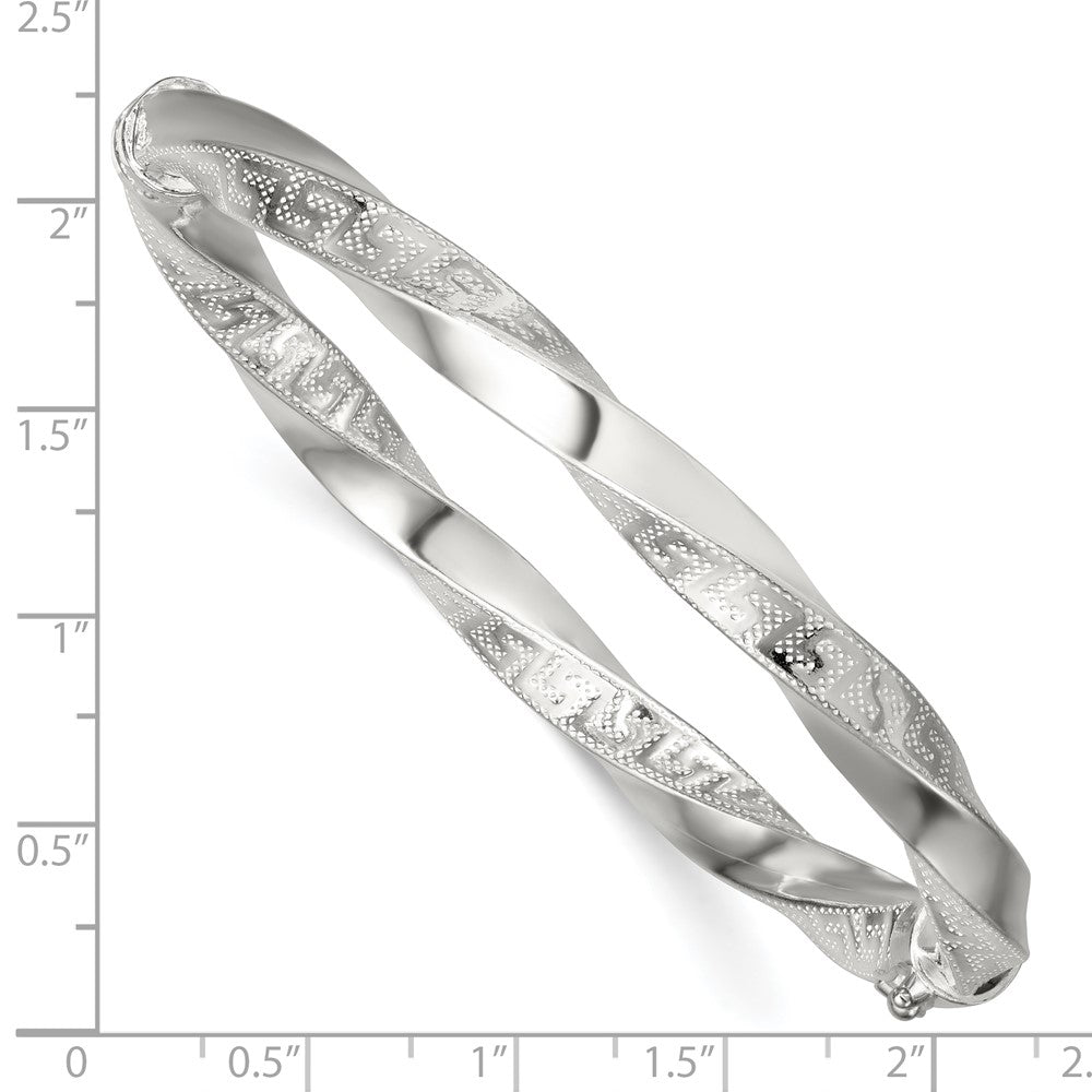 Sterling Silver Polished Textured and Twisted 6.50mm Greek Key Hinged Bangle QB1618