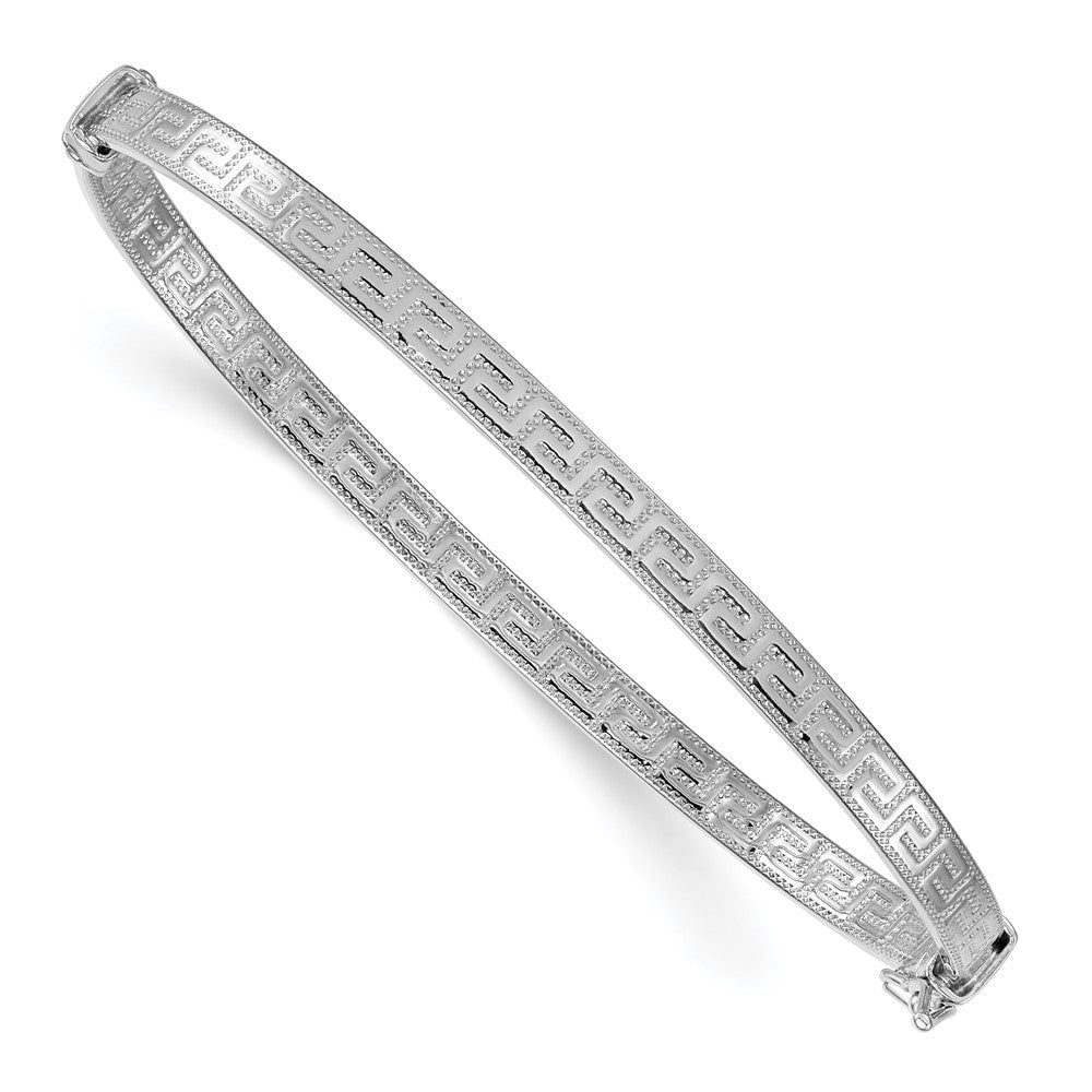 Sterling Silver Rhodium-plated Polished Textured Greek Key 4.00mm Hinged Bangle QB1620