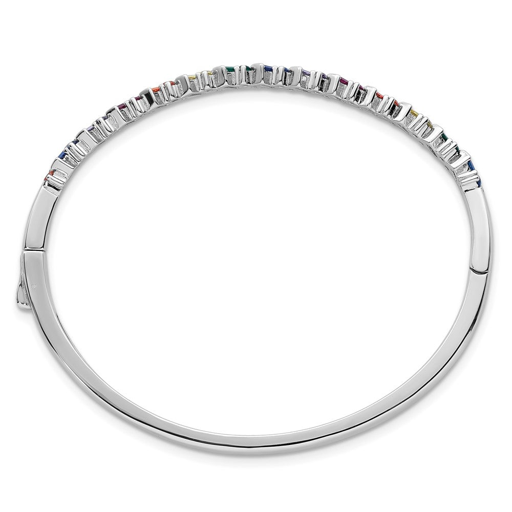 Sterling Silver Rhodium-plated Polished Multi-color Rainbow Round and Emerald-shape Nano Crystal Hinged Bangle QB1626